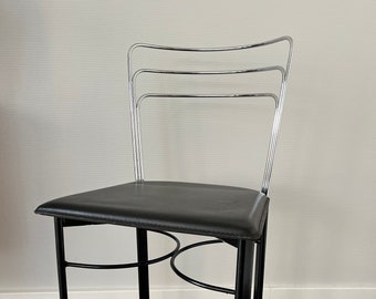 Vintage Retro Italian 80's Chrome Black Sky Leather Dining Chairs