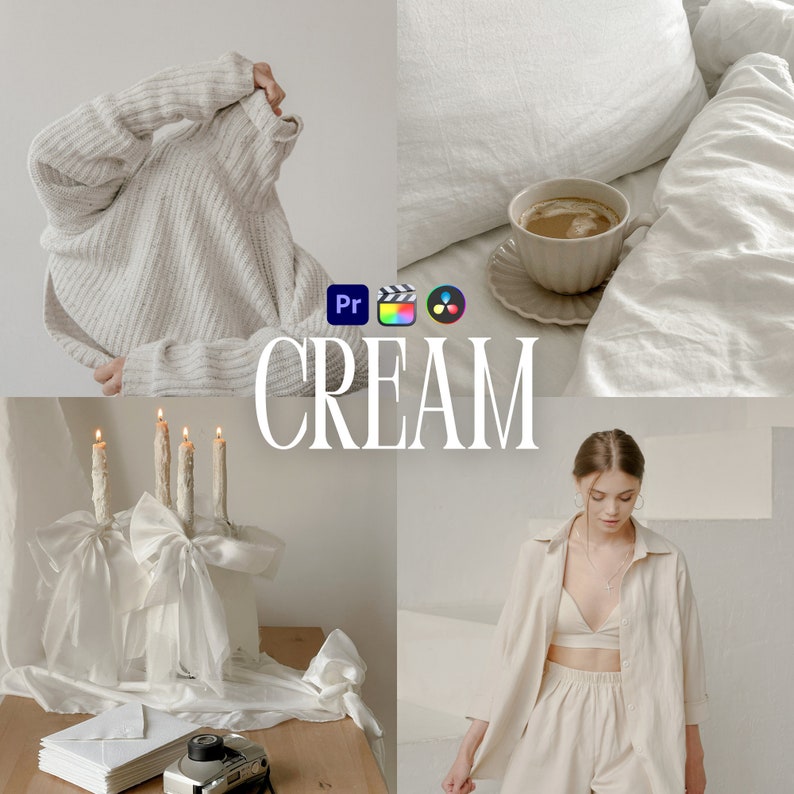 May include: A collage of images featuring a white sweater, a cup of coffee on a white bed, a white candle holder with candles, and a person wearing a white shirt and shorts. The text "CREAM" is in the center of the collage.
