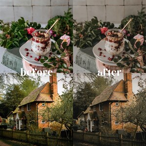 May include: A layered dessert in a clear glass jar with a gold spoon, surrounded by fresh flowers and greenery. The text "before" and "after" is visible. A vintage book and plates are also in the image.
