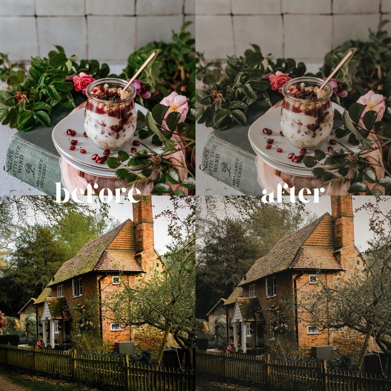 May include: A layered dessert in a clear glass jar with a gold spoon, surrounded by fresh flowers and greenery. The text "before" and "after" is visible. A vintage book and plates are also in the image.