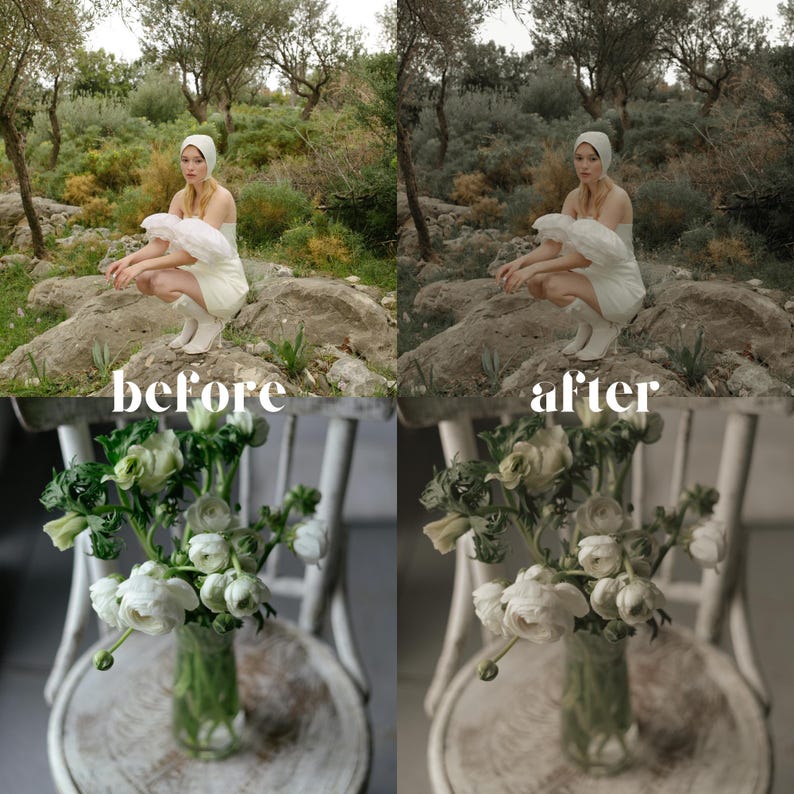 May include: A split image showing a woman in white clothing and a white head covering squatting on a rock in a natural setting, with the text "before" on the left. The bottom half shows a bouquet of white flowers in a glass vase on a white chair.