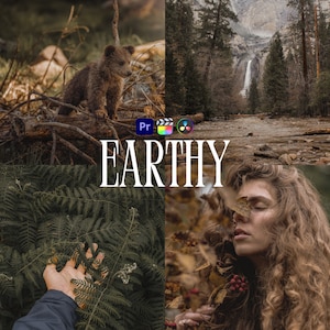 May include: A collage of four images with an earthy theme. The top left image shows a brown bear cub sitting on a log in a forest. The top right image shows a waterfall cascading down a cliff in a forest. The bottom left image shows a hand reaching out to touch a fern. The bottom right image shows a woman with long brown hair, her eyes closed, with leaves and berries in her hair.