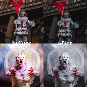 May include: A split image showing a person dressed as a clown holding red balloons before and after a photo edit. The after image shows the person with a white veil, a mask with multiple eyes, and a large eye on their chest. The person is screaming with their mouth open.
