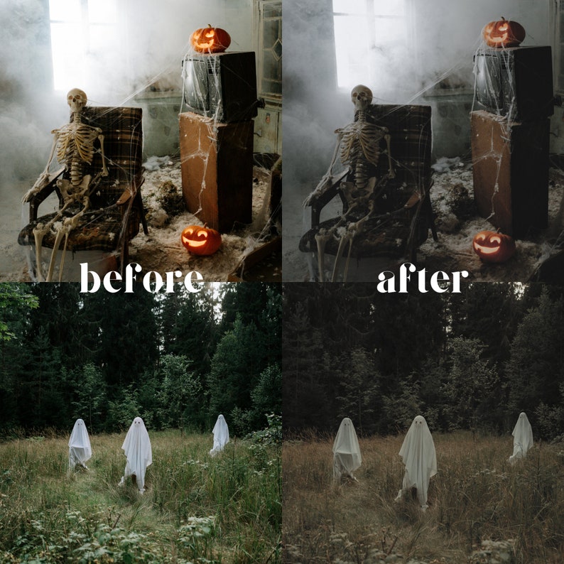 May include: A spooky Halloween scene with a skeleton sitting in a chair, pumpkins, and cobwebs. The scene is set in a dimly lit room with a vintage television in the background. The bottom half of the image shows a forest with three white ghosts walking through the grass.