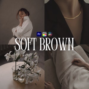 May include: A collage of four images featuring a woman wearing a white shirt, a gold necklace, white lilies in a glass vase, and a person lying on a couch. The text "SOFT BROWN" is displayed in the center of the collage.