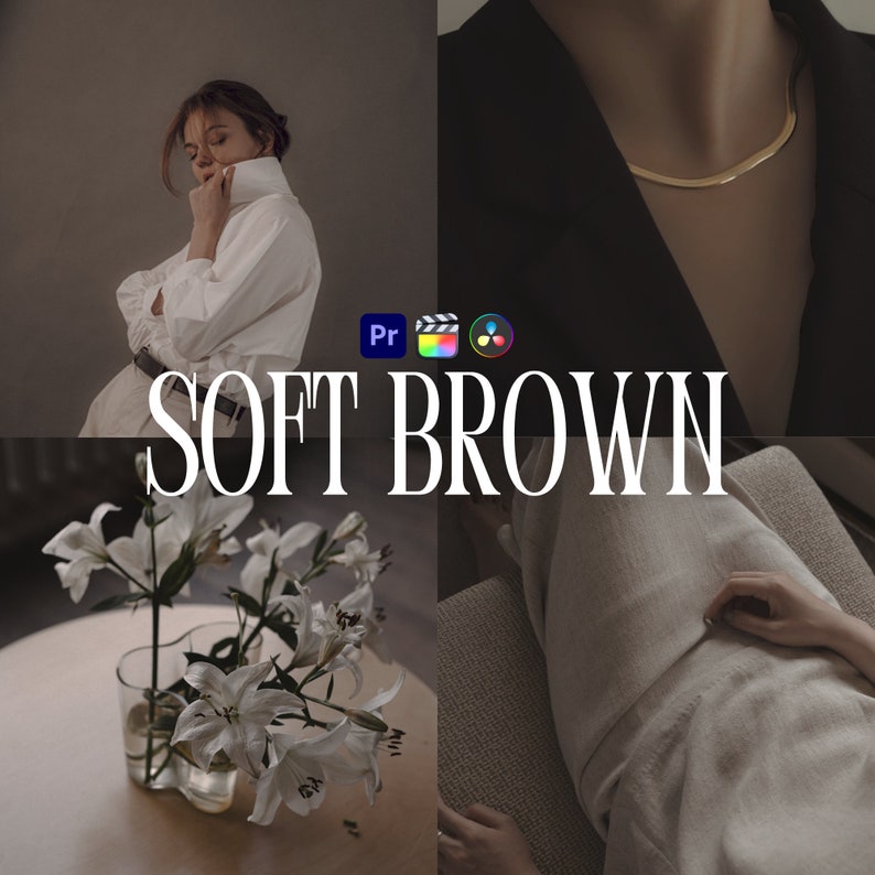May include: A collage of four images featuring a woman wearing a white shirt, a gold necklace, white lilies in a glass vase, and a person lying on a couch. The text "SOFT BROWN" is displayed in the center of the collage.