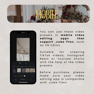 May include: A smartphone screen displays a video editing app interface with filter options. The text "MOBILE" is in gold letters. The image promotes video presets for TikTok, Instagram Reels, and YouTube Shorts.