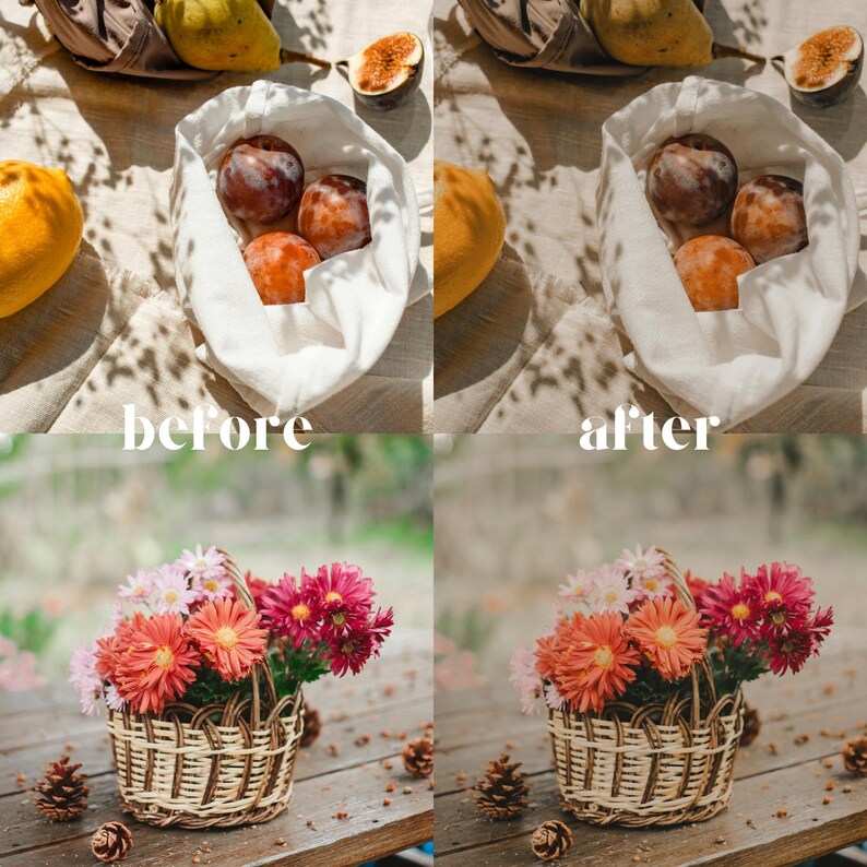 May include: A still life composition featuring a basket of colorful flowers, plums, and figs. The text "before" and "after" is visible. The flowers are in shades of pink, orange, and red. The fruits are in a white cloth bag.
