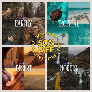 May include: A collage of four images showcasing different landscapes with the text "SALE 50% OFF" in the centre. The images include a lush green forest, a tropical beach, a desert scene, and a waterfall in a mountainous region. Each image has a text label: "EARTHY", "TROPICAL", "DESERT", and "NORDIC".