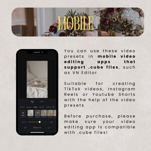 May include: A mobile phone screen showing a video editing app with a filter selection menu. The text on the screen reads "Recent, Original, Cream, Warmth, Aesthetic". The phone is on a white surface with a blurred background of flowers.