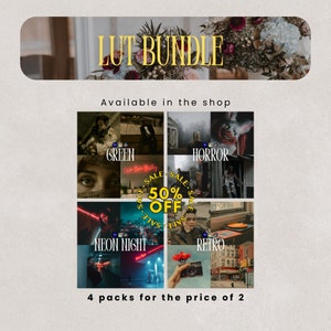 May include: A digital product sale banner with the text "LUT BUNDLE" in yellow letters. The banner is decorated with red and green flowers. The banner also includes the text "Available in the shop" and "4 packs for the price of 2". The banner is divided into four sections, each with a different image and text. The images are of a green forest, a horror scene, a neon night scene, and a retro scene. The text in each section is "GREEN", "HORROR", "NEON NIGHT", and "RETRO". The banner also includes a yellow circle with the text "50% OFF" in black letters.