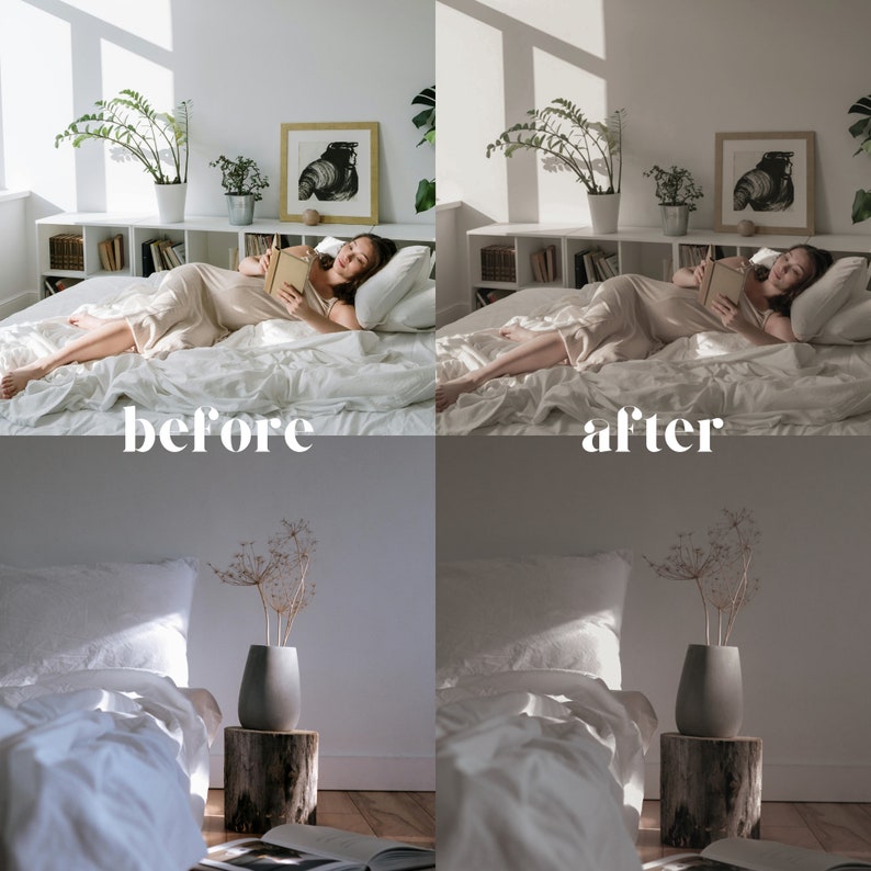 May include: A before and after image showing the difference in lighting and color tone. The image on the left is a bedroom with a woman lying on a bed reading a book. The image on the right is the same bedroom with the lighting and color tone adjusted. The image on the bottom shows a bed with white linens and a vase with dried flowers on a wooden stand.
