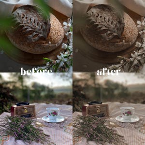 May include: A rustic loaf of bread with intricate scoring sits on a wooden board, surrounded by white flowers. The image is split, with "before" and "after" text. Below, a vintage radio, teacup, and flowers are arranged on a blanket.