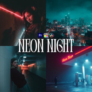 May include: A collage of four images featuring neon lights at night. The top left image shows a woman in a dark jacket standing in a hallway with red neon lights. The top right image shows a cityscape with blue and green neon lights. The bottom left image shows a woman in a dark jacket standing in a hallway with orange neon lights. The bottom right image shows a gas station with red and blue neon lights.