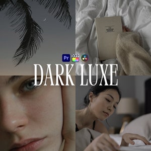 May include: A collage of four images with a dark, moody aesthetic. The top left image shows palm leaves against a twilight sky with a crescent moon. The top right image shows a closed book with the text "The Gratitude Journal" on a white bedspread. The bottom left image shows a close-up of a person's face with blue eyes. The bottom right image shows a person reading a book in bed. The text "DARK LUXE" is superimposed over the images.