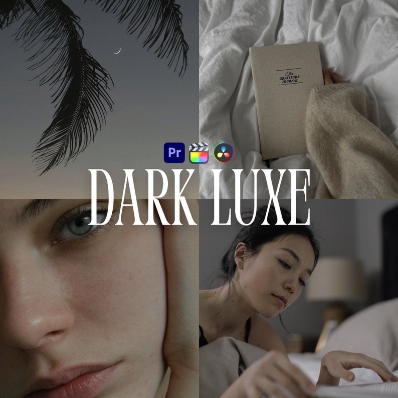 May include: A collage of four images with a dark, moody aesthetic. The top left image shows palm leaves against a twilight sky with a crescent moon. The top right image shows a closed book with the text "The Gratitude Journal" on a white bedspread. The bottom left image shows a close-up of a person's face with blue eyes. The bottom right image shows a person reading a book in bed. The text "DARK LUXE" is superimposed over the images.