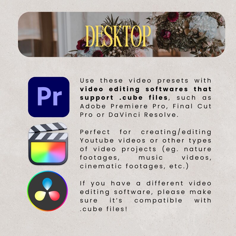 May include: Image promoting video editing presets. Includes the text "DESKTOP" at the top. Features icons for Adobe Premiere Pro, a film clapperboard, and DaVinci Resolve. The text explains the presets work with .cube files.