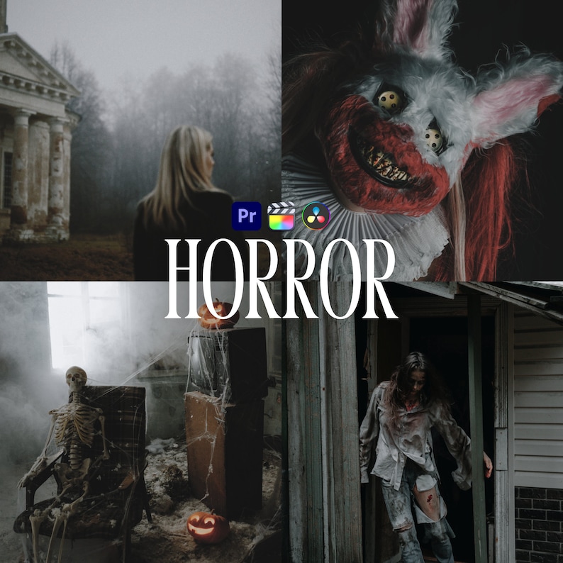 May include: A collage of four images depicting horror themes. The top left image shows a spooky abandoned building with a woman in the background. The top right image shows a creepy rabbit mask with a wide smile. The bottom left image shows a skeleton sitting in a chair in a dark room with cobwebs. The bottom right image shows a person with blood on their clothes standing in a doorway.