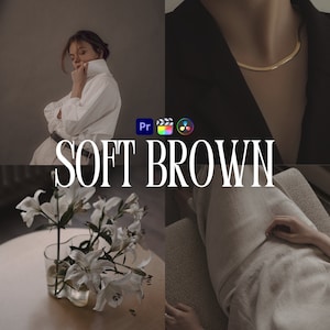 May include: A collage of four images featuring a woman wearing a white shirt, a gold necklace, white lilies in a glass vase, and a person lying on a couch. The text "SOFT BROWN" is displayed in the center of the collage.