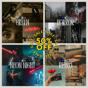 May include: A collage of nine images with a yellow circle in the center that says "SALE 50% OFF SALE". The images are themed around different film genres, including horror, green screen, neon night, and retro. Each image has a "Pr" icon in the corner.