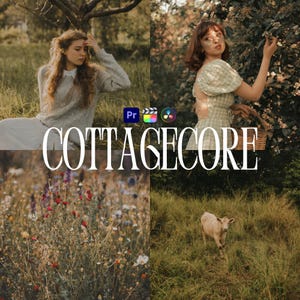 May include: A collage of images with a cottagecore theme. The images include a woman in a field, a woman in a green dress, wildflowers, and a calf in a grassy area. The word "COTTAGECORE" is displayed in large white letters.