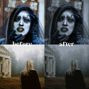 May include: A before and after image demonstrating the impact of photo editing. The before image features a woman with dark hair and heavy makeup, wearing a white veil and black gloves. The after image shows the same woman with a more natural appearance, with the makeup and veil removed. The background of both images is a blurred forest scene.
