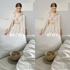 May include: Before and after photo showing the difference in lighting and color tone. The image shows a person wearing a white linen shirt and shorts standing in a bedroom with a cup of coffee on a white bed. The text "before" and "after" is visible in the image.