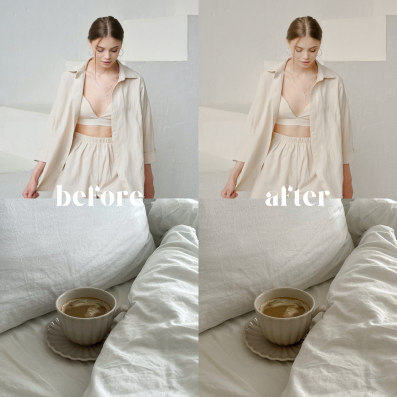 May include: Before and after photo showing the difference in lighting and color tone. The image shows a person wearing a white linen shirt and shorts standing in a bedroom with a cup of coffee on a white bed. The text "before" and "after" is visible in the image.
