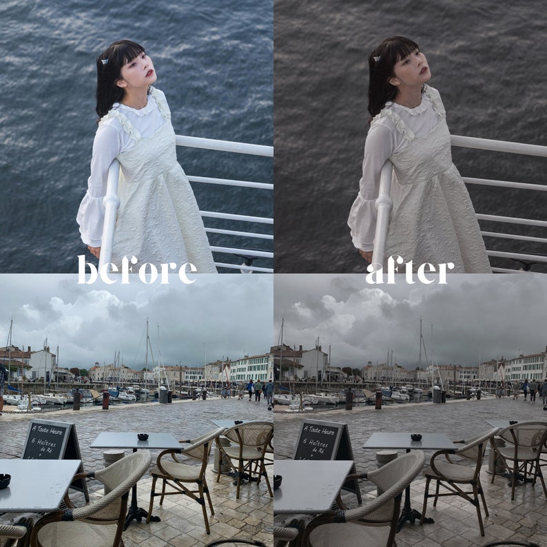 May include: A before and after image showing the difference in a photo editing style. The before image shows a woman in a white dress standing on a deck overlooking a body of water. The after image shows the same scene with a more moody and atmospheric edit. The sky is darker and the water is more muted in the after image.