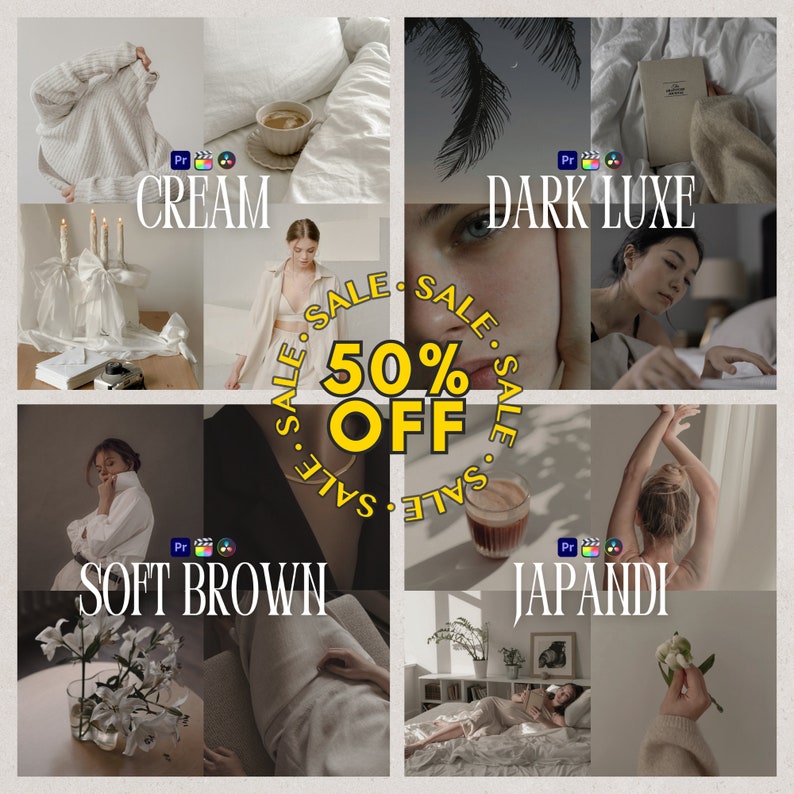 May include: A collage of four images showcasing different interior design styles: Cream, Dark Luxe, Soft Brown, and Japandi. Each image features a person in a room with a different color scheme and aesthetic. The text "SALE 50% OFF" is displayed in a yellow circle in the center of the collage.