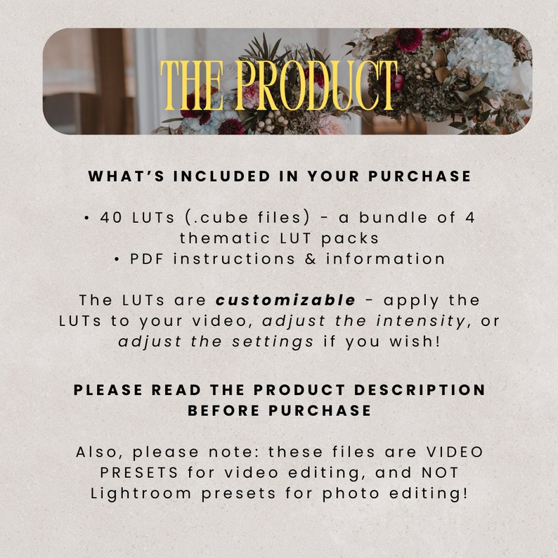 May include: A digital product listing for 40 video presets, or LUTs, for video editing. The listing includes a description of the product, which states that the LUTs are customizable and can be applied to video to adjust the intensity or settings. The listing also notes that the files are video presets and not Lightroom presets for photo editing.