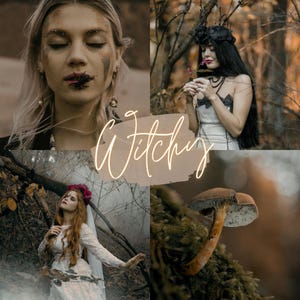 May include: A collage of four images with a witchy theme. The images feature women in nature, with dark makeup, floral crowns, and a mushroom. The word "Witchy" is written in a cursive font across the center.
