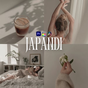 May include: A collage of images showcasing the "Japandi" aesthetic. The images include a cup of coffee, a woman with her arms raised, a bedroom with a woman reading a book, and a hand holding a white flower.