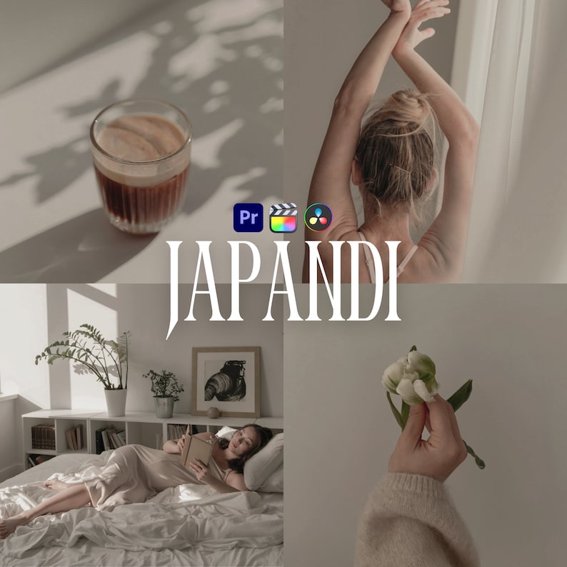 May include: A collage of images showcasing the "Japandi" aesthetic. The images include a cup of coffee, a woman with her arms raised, a bedroom with a woman reading a book, and a hand holding a white flower.