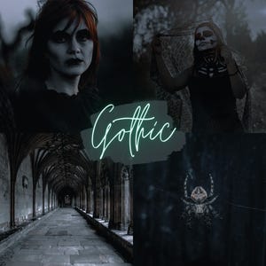 May include: A collage of three images with a gothic theme. The first image shows a woman with dark hair and dark makeup in a dark, gothic setting. The second image shows a woman with a skull face paint wearing a black dress and a veil. The third image shows a spider web with a spider in the center.