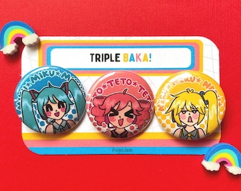 Triple Baka 1.25" 3 Button Pinback Set - Vocaloid Miku Teto Neru