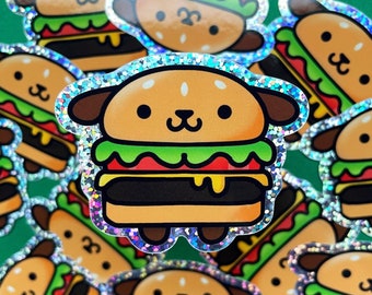 Adesivo in vinile impermeabile con glitter per hamburger e cuccioli, 2,5"