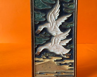 Early Porceleyne Fles Delft cloisonné tile of flying geese circa 1930
