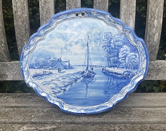 Large Makkum Tichelaar Delft wall plaque of boat and farmhouse, circa 1920