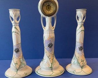 Art Nouveau 3 piece Zuid Holland Gouda mantelpiece clock set - kantjes, circa 1905