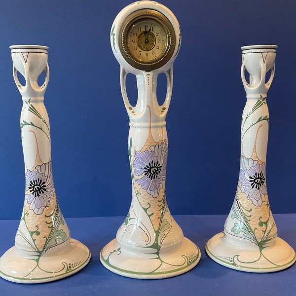 Art Nouveau 3 piece Zuid Holland Gouda mantelpiece clock set - kantjes, circa 1905