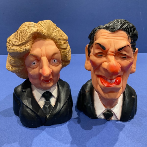 Spitting Image squeaky dog toys - Margaret Thatcher and Ronald Raegan, 1984
