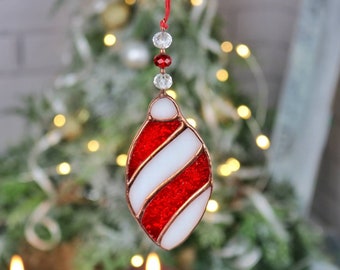 Stained glass decor Christmas tree Bright decor red and white colors Christmas gift Suncatcher Minimalist christmas decor