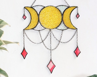 Dreamcatcher yellow moon phases. Stained glass window decor. Dreamcathcer phases moon. Suncatcher moon. Wall decor for room. Hand made gift