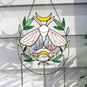 Suncatcher Moon moth with leaves Stained glass Sun catcher Garden decor Crescent moon Hangings Wall Art Hand made gift Witch decor aesthetic