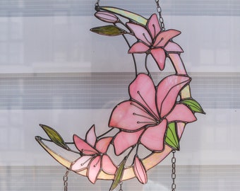 Suncatcher Crescent Moon with pink lilies Stained glass Flower decor Dreamcatcher Wall art Hand made gifts for her Mother's day gift