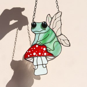 Cute Frog and magic mushroom Suncatcher Stained glass Window hangings Fly agaric Cottagecore home decor Wall Art Garden decoration