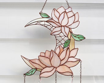 Dreamcatcher lotus with moon Stained glass Suncatcher Wall room decor Cute Home decor Window panel Flower decor Birthday gift idea