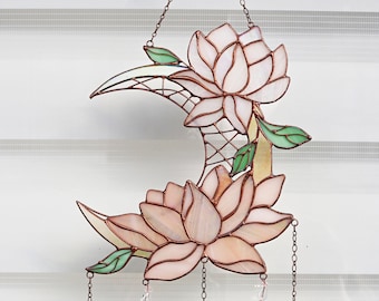 Dreamcatcher lotus with moon Stained glass Suncatcher Wall room decor Cute Home decor Window panel Flower decor Birthday gift idea