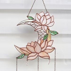 Traumfänger Lotus mit Mond Glasmalerei Suncatcher Wand Raumdeko Wohndeko Fensterdeko Blumendeko Geburtstag Geschenkidee